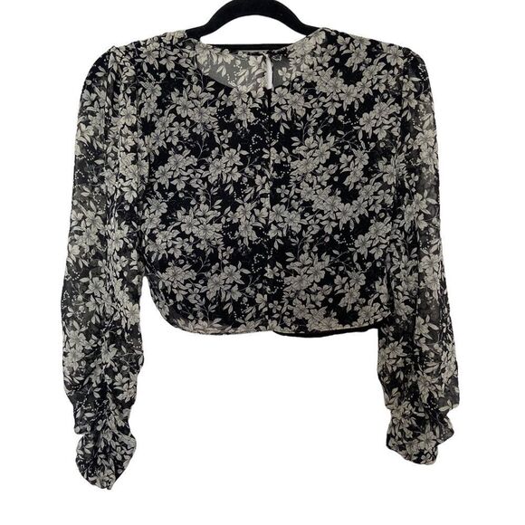 Zara Cropped Floral Long Sleeve Blouse Black Grey Size Small - Picture 3 of 8